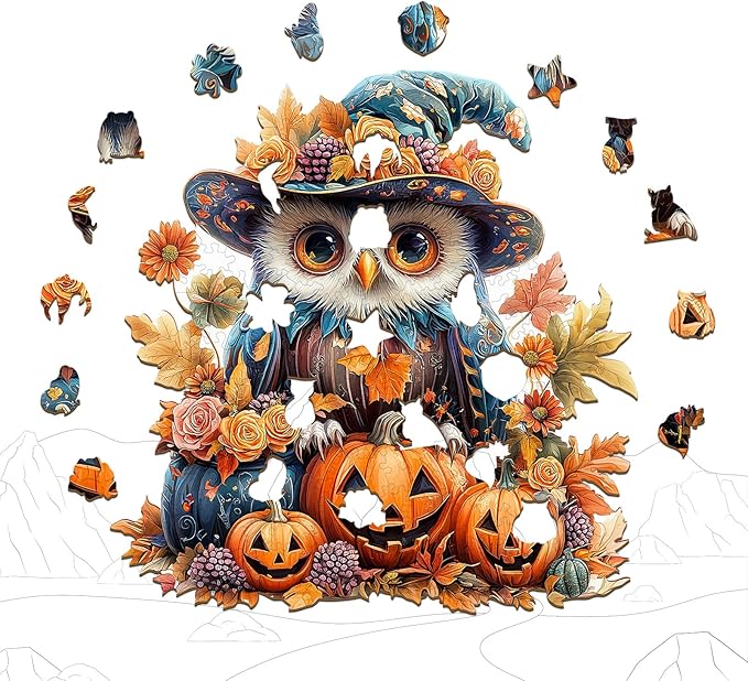 Wooden Puzzles for Adults - 268 Pieces Halloween Owl Wooden Jigsaw Puzzle - Unique Animals Shape Wood Cut Puzzles - Eco-Friendly Home Office Decor (L-13.3 * 12.4in)