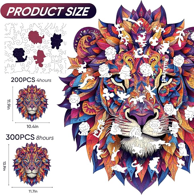 Lion Wooden Puzzles for Adults 200 Pieces,Lion Mandala Unique Shaped Wood Jigsaw Puzzles for Adults and Kids,Irregular Wood Puzzles,Extra Thick 5MM,Best Birthday Gift,10.4x11.9Inch