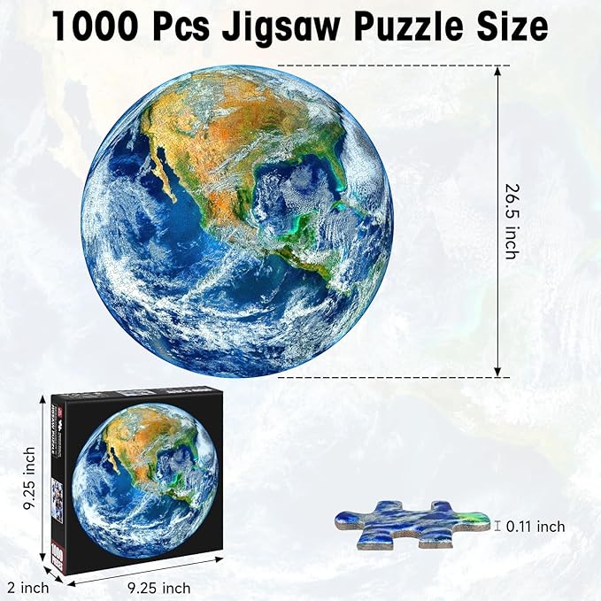 Round Earth Puzzle 1000 Pieces for Adults, NASA Blue Marble View Circle Jigsaw Puzzles for Adults 1000 Pieces with Lettered Back, Landscape Wall Art Decor