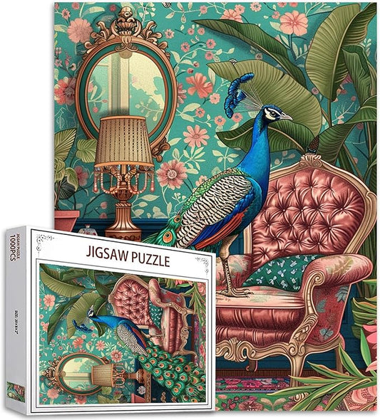 Jungle Peacock on Sofa Art Jigsaw Puzzles for Adults 1000 Pieces,Wild Animals Boho Jigsaw Puzzle 20 x 27 in Colorful DIY Puzzles for Home Decoration Gifts,Family Challenging Perfect for Game Nights