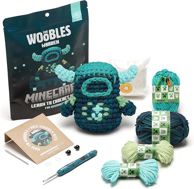 The Woobles Minecraft Crochet Kit – Beginner Crochet Kit for Adults & Kids, Easy Knitting Kit with Woobles Yarn, DIY Crafts, Crochet Animals, Minecraft Toys, Gift for Gamers & Crafters (Warden)