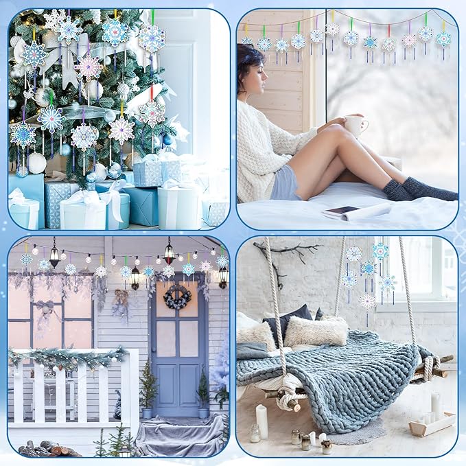 JellyArch 30 Pack Winter Snowflake Wind Chime Making Kit for Kids Make Your Own Wind Chime Wooden Ornaments for Girls and Boys DIY Crafts Activity Birthday Winter Decoration