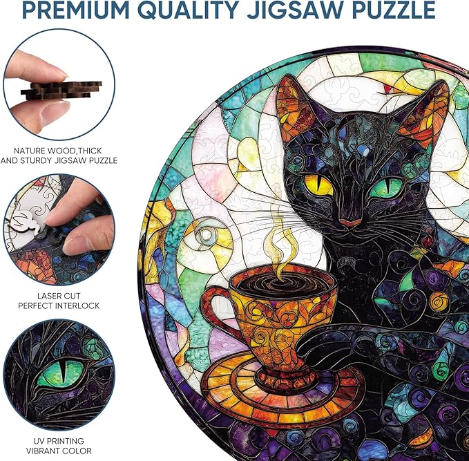 Wooden Puzzle for Adults, Black Cat Wooden Jigsaw Puzzles(16.5 * 16.5in-500pcs), Unique Animal Shape Wood Cut Puzzles Best Gift for Adults and Kids Family Game