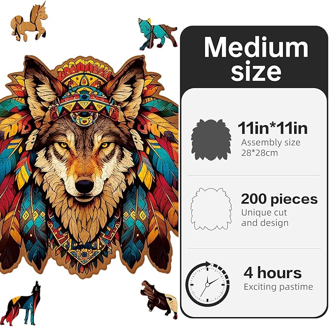 Wooden Puzzle for Adults,Wolf Totem Style Jigsaw Puzzles 200 Piece,Unique Shape Puzzle Challenge 11 x 11 Inch,Birthday Gifts Family Game