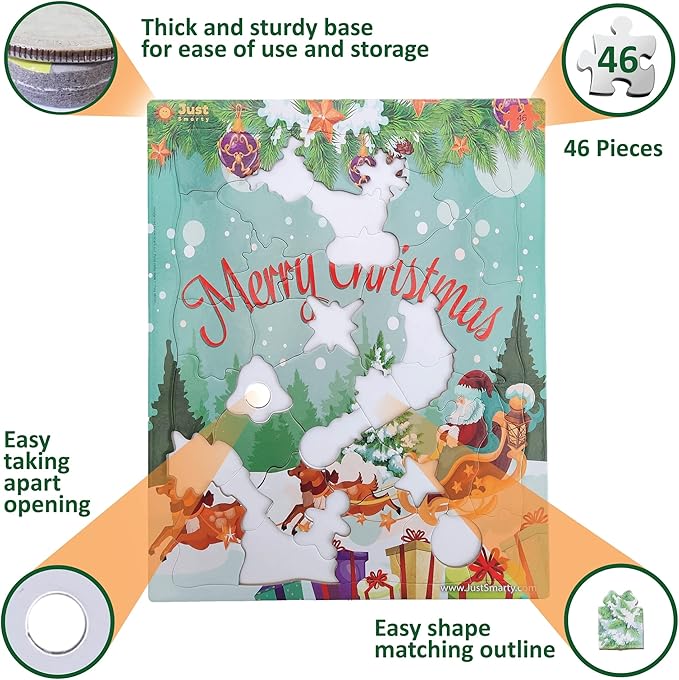 Just Smarty Merry Christmas Jigsaw Puzzle 46 Pieces for Kids Ages 4, 5, 6, 7, 8 with Fun Shapes and Tray. Fun Learning Educational Toy for Boys Girls in Pre-K, Kindergarten, First and Second Grade