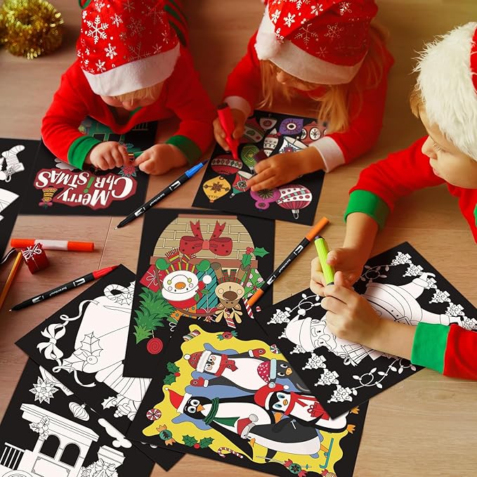 Zhanmai 48 Pcs Christmas Velvet Coloring Posters and Watercolor Pens Cozy Christmas Coloring Book Fuzzy Velvet Xmas Posters for Adults Teenagers Classroom Xmas Festive Arts Crafts