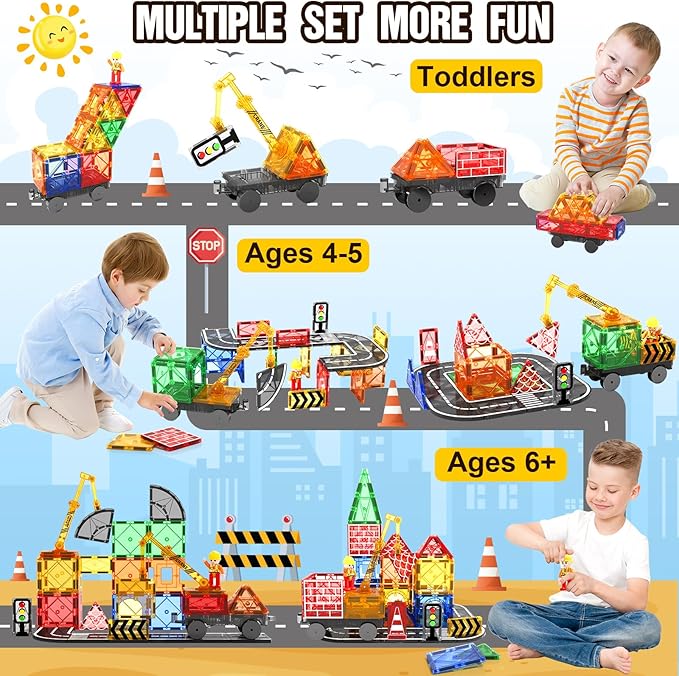 Magnetic Tiles Road Set with Magnet Crane Car, Construction Toys for Kids Ages 3-5 4-8 5-7, Creative Magnetic Building Blocks Toddler Toys, Gifts for 3+ Year Old Boys & Girls