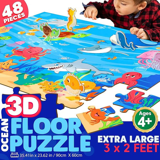 3D Ocean Floor Puzzles for Kids – Extra-Large 48 Piece Floor Puzzle for Kids Ages 3-5 & 4-6 | Jumbo Floor Puzzle with 7 Stand-Up Sea Animals, Big 5" Pieces | Educational Toddler Floors Puzzle Gift