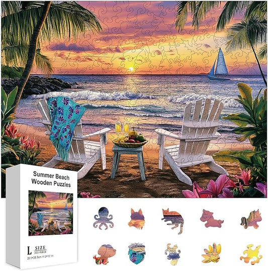 GLOBLELAND 300Pcs Summer Beach Wooden Jigsaw Puzzles for Adult Ocean Waves Wooden Puzzles Colorful Unique Shaped Wood Puzzles for Holiday Birthday Gifts