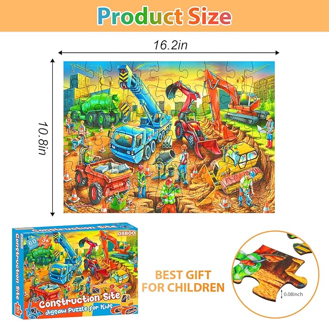 Jigsaw Puzzles for Kids Ages 3-5, 4-8, 6-8 Boys Girls - 60 Piece Construction Site - Large Piece Children Floor Jigsaw Puzzles - Science Educational Toys for 3 4 5 6 7 8 Years Old