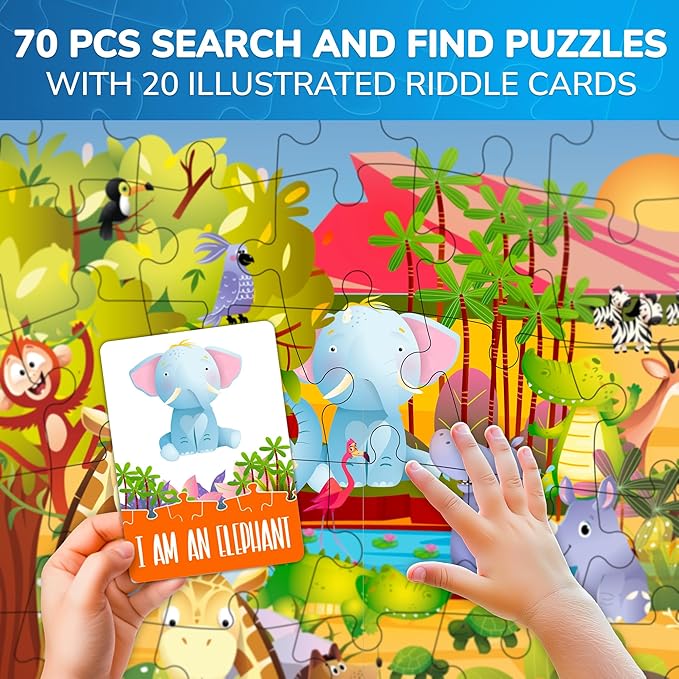QUOKKA Search and Find Puzzles for Kids Ages 4-6 - Riddle Kids Puzzles 6-8 Years Old - 70 Unique Pcs - 20 Illustrated Guessing Cards - Engaging Children Themes - Africa Puzzle Gift for Toddlers 3-5