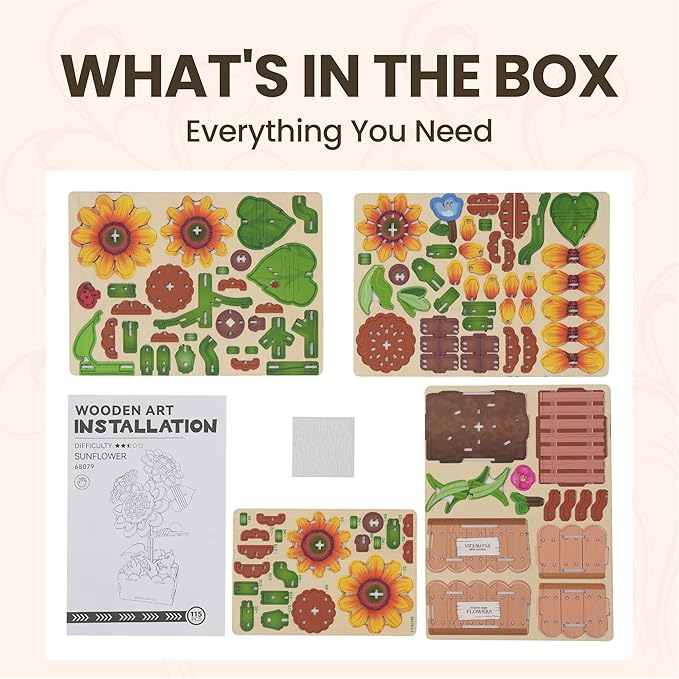 3D Wooden Puzzles for Adults - Sunflower Flower Puzzle, DIY Wooden Flowers Model Building Kits Crafts, Botanical Collection Gift Ideas for Mother's Day Birthday Christmas Housewarming
