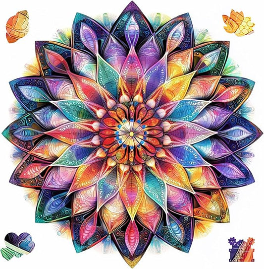 Ruikiyart Wooden Puzzles for Adults, 5MM 200 Pieces Crystal Flower Wooden Jigsaw Puzzles, Mandala Puzzle Unique Shaped for Adults and Kids on Thanksgiving,Christmas Family Puzzle Games (11.1"*11.4")