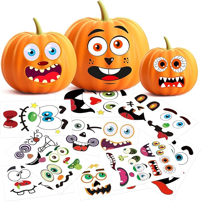 BainGsek 26 Pack Halloween Decoration Stickers, 56 Fun and Classic Pumpkin Face Stickers, Pumpkin Painting Craft Kit, Halloween Party Gift to Kids Decorations to Make Jack O Lantern Face Decal