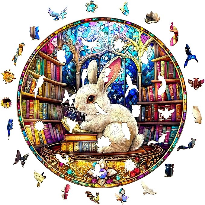 Wooden Puzzles for Adults, Wooden Jigsaw Puzzles for Adults Kids, Library Rabbit Unique Shaped Wood Puzzles Adult, Creative Birthday Gifts for Friends Family Game (11.4 * 11.4in 200pcs)