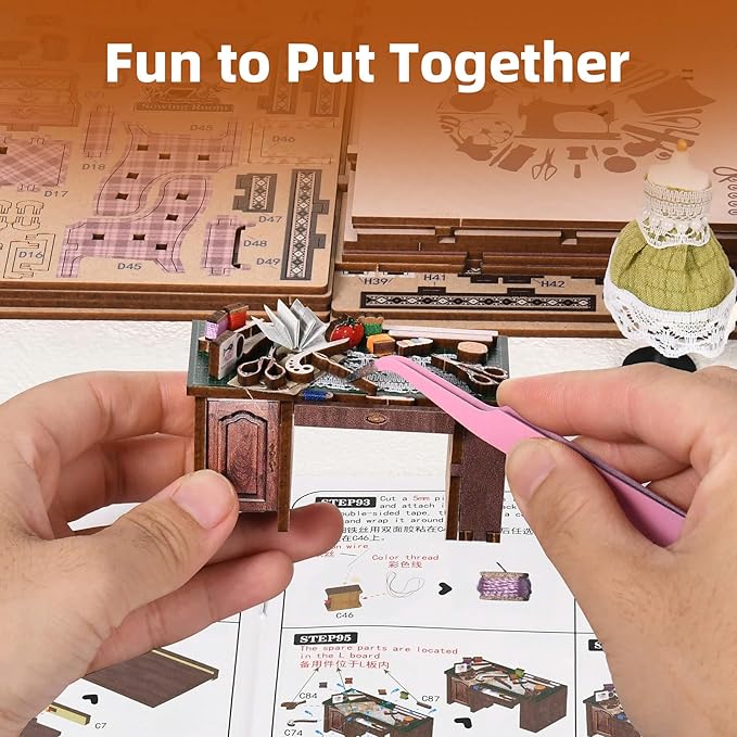 Book Nook Kit, DIY Miniature House Dollhouse Kit for Adults and Teens, 3D Wooden Puzzle Bookend Creative Bookshelf Insert Decor with LED Light, Gifts for Family, Friends (Sewing Room)