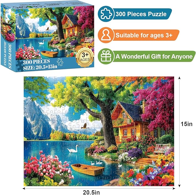 300 Piece Puzzles for Adults,Vintage Lake House Jigsaw Puzzle for Adults Kids Elderly,Large Piece Tree Puzzle for Kids Age 8-10 10-12,Challenging Landscape Puzzle,Family Game Great Gift 20.5x15in