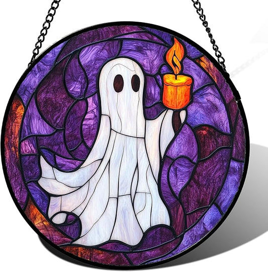 Stained Glass Window Hanging - Halloween Decorations Ghost Suncatcher for Doors Garden Indoor Spooky Funny Purple Sun Catchers Gothic Decor Horror Gifts for Women Men Friend 7.8 in