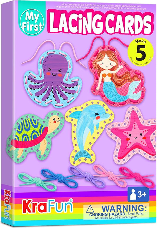 KRAFUN Beginner Mermaid Lacing Card Kit for Kids Arts & Crafts, 5 Easy Mermaid, Animal Lacing Projects, Paper Lace Cards for Toddlers, Fine Motor Preschool Skills Toys