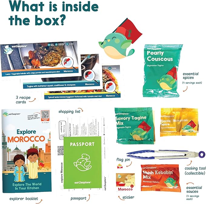 eat2explore Cooking Kits for Kids - Interactive & Educational Set with 3 Recipe Cards, Key Ingredients & Cooking Tools - Ideal Idea for Kids who Love to Create Meals (Morocco Edition)