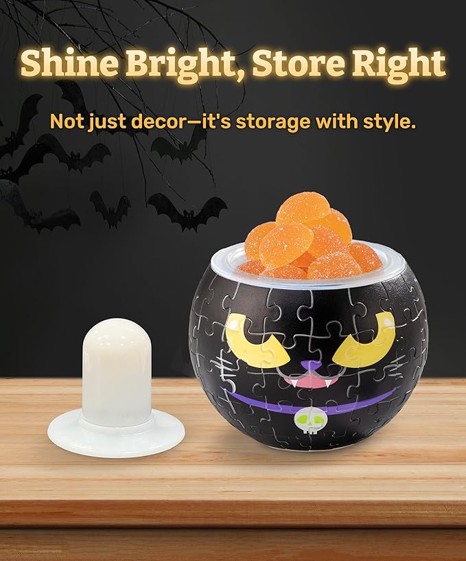 PieceRelax Halloween 3D Puzzle Candle Light 80 Pieces - LED Jack O’ Lantern - Rechargeable Plastic Pumpkins for Indoor & Outdoor Spooky Decorations, Magic Cat [KL1075]