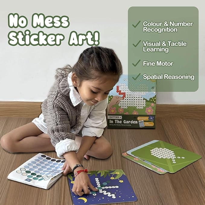 BINCA Dotties Dot Art Activity Kit, 1500+ Stickers, 8 Garden Animals Mess-Free Activities, DIY Dot Sticker Art for Toddlers, Kids Travel Activities, Craft Kits & Gifts for Boys & Girls Ages 4,5,6,7