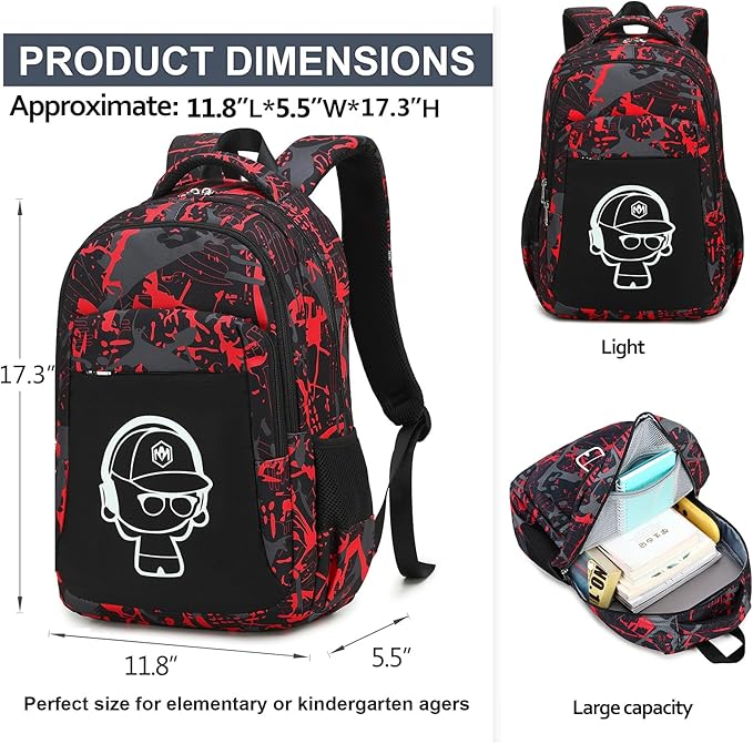 LEDAOU School Backpack Teen Boys Kids Bookbag Daypack School Bag (Graffiti Red Black)