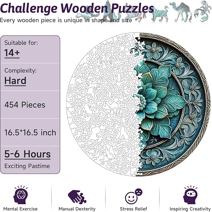 Round Floral Wooden Puzzle - Exquisite Teal Floral Mandala Vintage Style Art Wood Jigsaw for Adults, 454pcs Unique Wood Animal Shaped Puzzle, Family Game Home Decor