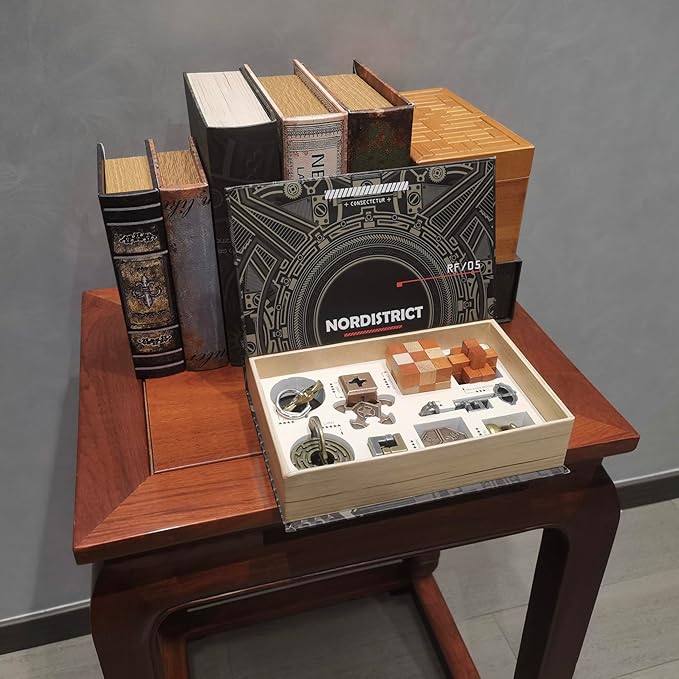 IQ Challenge Puzzles - Metal & Wooden Mechanical Puzzle Box Set 9PCS, 3D Brain Teaser Games for Adults & Teens, Handheld Decryption Lock Toys