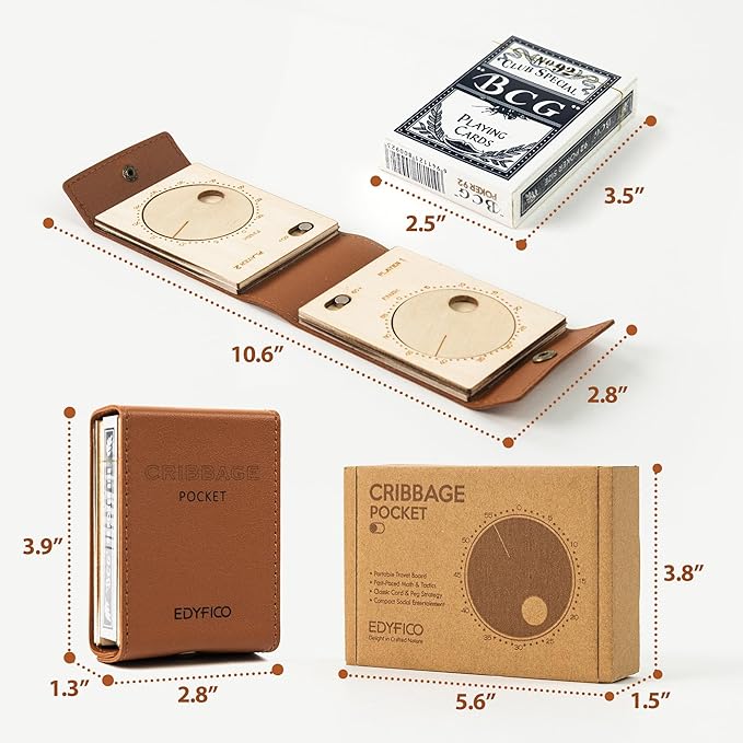 Travel Cribbage Board Game Set, Portable Unique Peg-Free Cribbage Board, Leather & Magnetic Rotating Wood Scoreboard with Playing Cards, Pocket Sized Tiny Card Game Board
