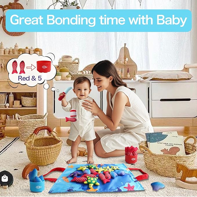 Toddler Montessori Sensory Toys for 1 Year Old - Baby Boy Girl Toys 1 Years Old Birthday Gift, Cloth Fishing Game with Stacking Cups,Number Counting and Color Sorting