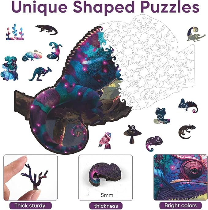 Ruikiyart Wooden Puzzles for Adults, 5MM 200 Pieces Chameleon Jigsaw Puzzles Unique Shapes Lizards Wood Puzzles Gift for Kids and Adults on Birthday, Thanksgiving, Christmas (14.1"x11.1")