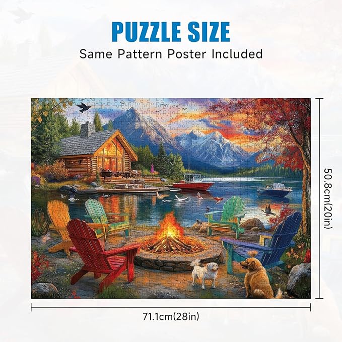 Lake Retreat Cottage Jigsaw Puzzle for Adults 1000 Pieces - Fall Landscape Puzzle with Log Cabin, Dogs, Ducks & Mountains - Challenging Nature Autumn Puzzle, 28x20in - Family Games & Gift
