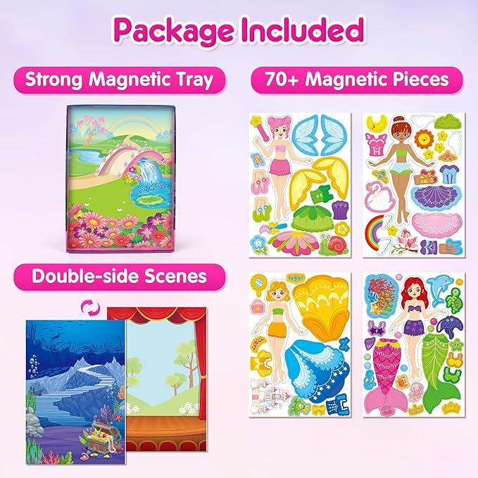 Mocoosy Magnetic Dress Up Dolls for Girls, Princess Mermaid Fairy Ballerina Magnet Dolls Dress Up Kits, Travel Game Car Road Trip Airplane Activity Toys Birthday Gifts for Toddler Girls Ages 3 4 5 6 7