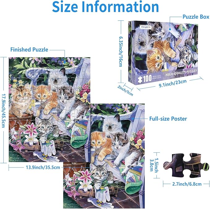 100 Piece Puzzles for Kids Cat 100 Piece Puzzles for Adults, Cute Kitten Group 100 Pieces Puzzle for Kids Ages 4-8, Perfect Gardening Buddies Puzzle for Seniors Teens Brain Teaser