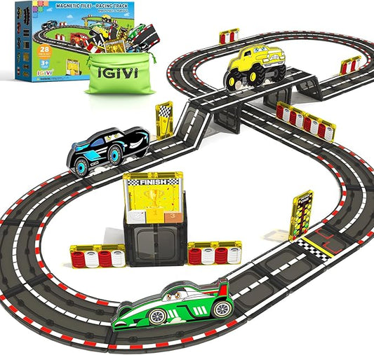 Magnetic Tiles Racing Track & Road Expansion Set with Magnet Car, Magnetic Block Building Toys Games for Toddler Kids, STEM Montessori Toys for 3+ Year Old Boys & Girls, Car Lovers Must Haves