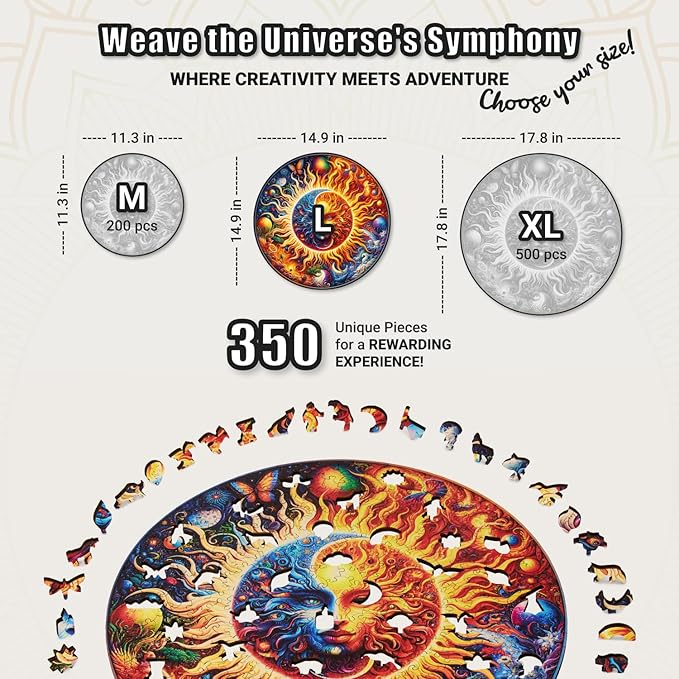 LEOGOR Wooden Jigsaw Puzzles for Adults 350 Pieces (14.9 × 14.9 in), Sun Moon Puzzle, Extra-Thick 5mm Wood, Round Mosaic Design with Unique Animal Shapes, Challenging Artistic Gift for Adults
