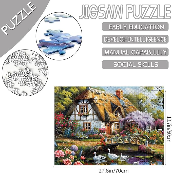 Forest Cabin Jigsaw Puzzle，Cute House Scenery 1000 Pieces Jigsaw Puzzles for Adults，27 x 20 Inches Puzzles ，HD Quality Goose Flowers Trees Wall Puzzle Gift，Family Activity Perfect for Game Night