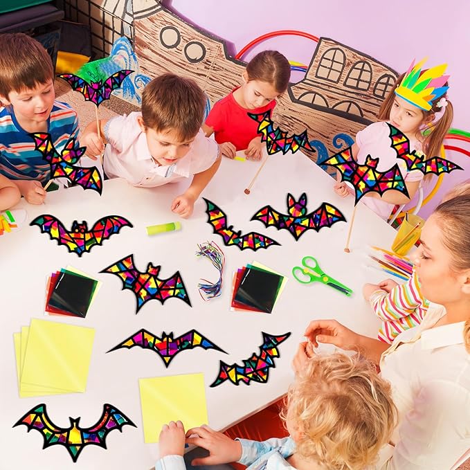 EggSun 36 Sets Hallween Bats Suncatchers Craft Kit for Kids Ornaments Stained Glass Effect Window Arts and Crafts Kit for Classroom Holiday Birthday Projects Home Party Favors Decorations Ages 4 8 12