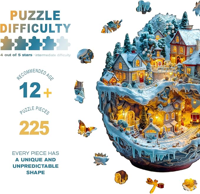 Wooden Puzzles for Adults - Train and Village Wooden Jigsaw Puzzle - Unique Animal Shaped Wood Puzzles Adult - Christmas Birthday Gifts for Adults/Friends/Family - 225pcs 13.4 * 12.4in