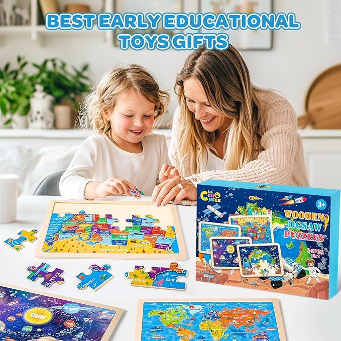 Wooden Puzzles for Kids Age 3 4 5 Year Old, 4 Pack 24 Pcs Toddler Jigsaw Puzzles for Girl Boy Geography Space Activities Preschool Learning Educational Birthday Gift Travel Autistic Wooden Toys