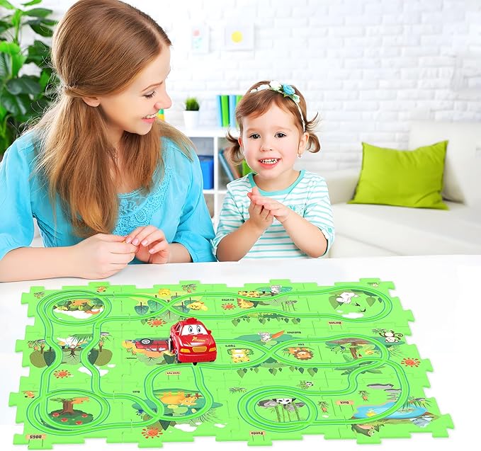 Puzzles and Track Combo, Kids Puzzle Rail Car Play Set, Educational Toys for 3 4 5 6 Year Old Boys Girls, Toddler Montessori Toy Gift