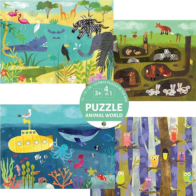 Puzzles for Kids Ages 3-5, 4 Pack 4-Difficulty-Level Puzzle with 12 16 24 32 PCS, Color-Zones on Back, 4-in-1 Progressive Animals World Jigsaw Toy Gift for Age 3 4 5 6 Year Old Boys Girls