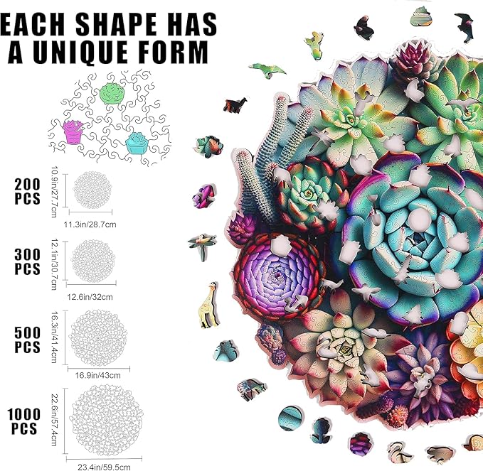 Wooden Jigsaw Puzzle for Adults and Kids Unique Shape Wood Colorful Beautiful Box Fun Challenge Brain Health Family Game Creative Gift for Friends Rompecabezas Madera(Mandala Succulent 300pcs)