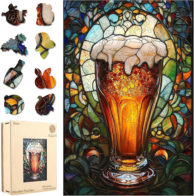 delobil Wooden Puzzles for Adults, 5MM Thick Beer Jigsaw Puzzle 200 Piece, Unique Shaped Wood Puzzle Birthday Gifts for Friends and Family Game10.9 * 7.3Inch