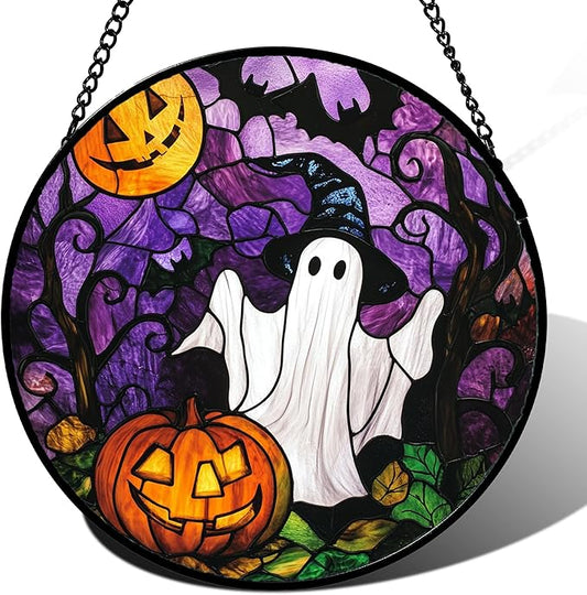 Stained Glass Window Hanging Halloween White Ghost Black Bat 7.8" - Suncatcher Door Garden Sunroom Horror Pumpkin Sun Catcher Birthday for Friend Mom Men Woman Nana
