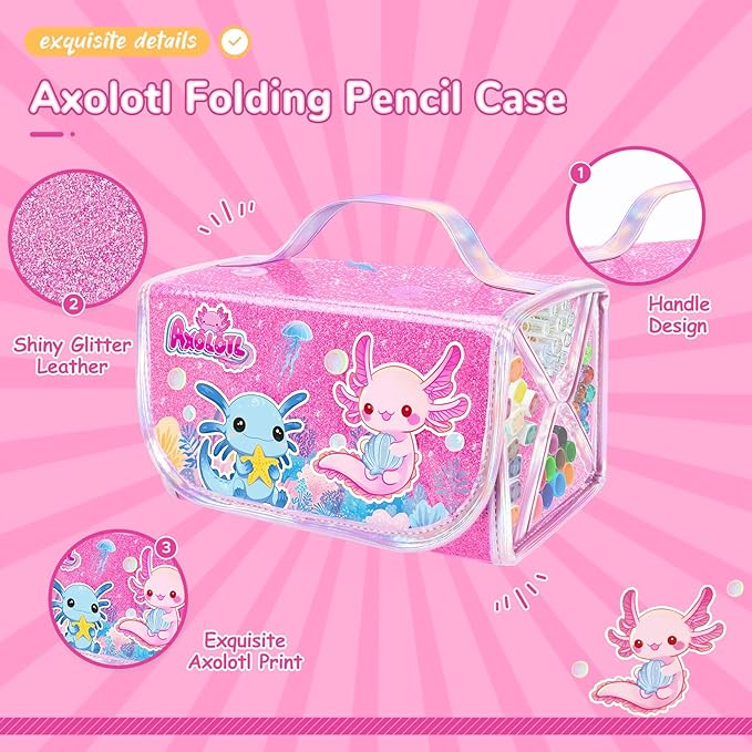 70PCS Axolotl Washable Markers Set with Glitter Pencil Case,Art Supplies for Kids Ages 4-6-8,Drawing Coloring Art Craft Kits for Girls with Marker,Glitter Pens,Crayon,Birthday Gifts Toys for Girls