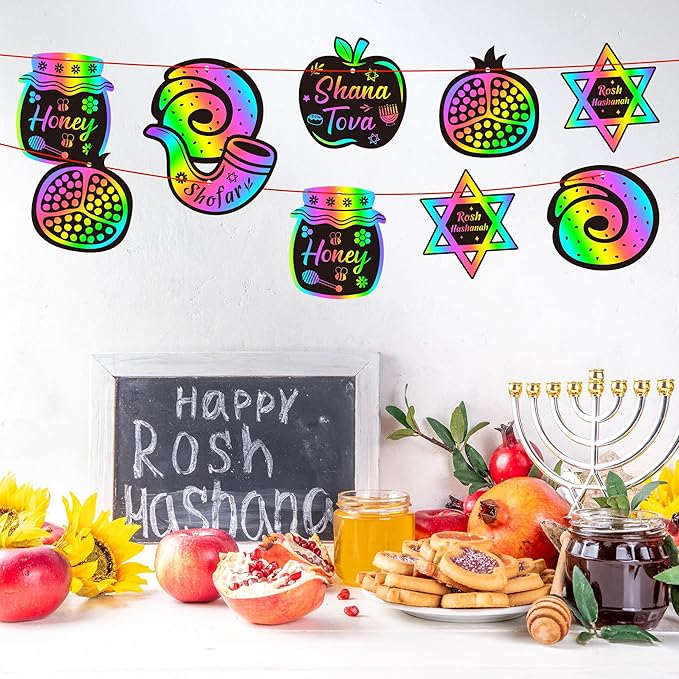 CY2SIDE 60PCS Rosh Hashanah Jewish New Year Scratch Card Gift Set for Kid, DIY Shana Tova Scratch Paper Art for Kids School Activity, Magic Art Rainbow Color Craft for Kids Jewish New Year Party Favor