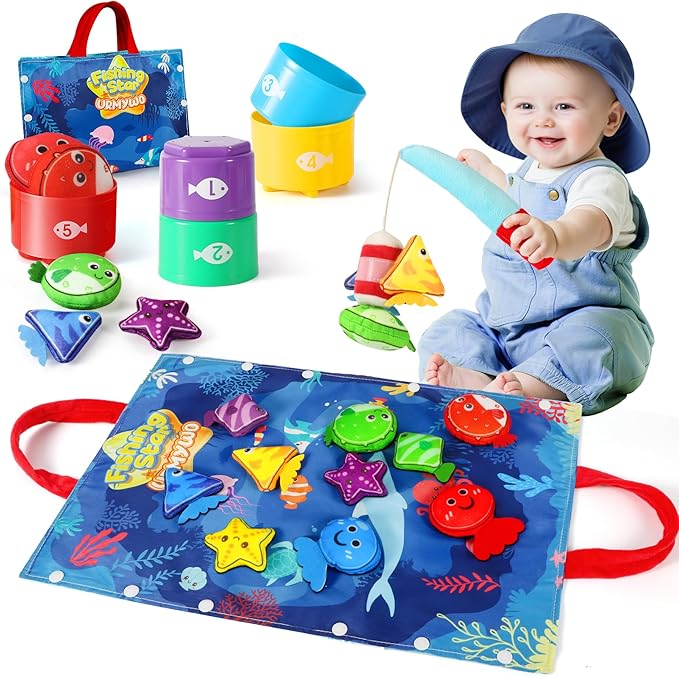 Montessori Toys for 1 Year Old - 17 in 1 Cloth Toddler Fishing Game with Stacking Cups Color Sorting, Baby Toy 12-18 Months One Year Old Boy Birthday Gift, Toddler Toys for 1 2 Year Old Boy Girl Gifts