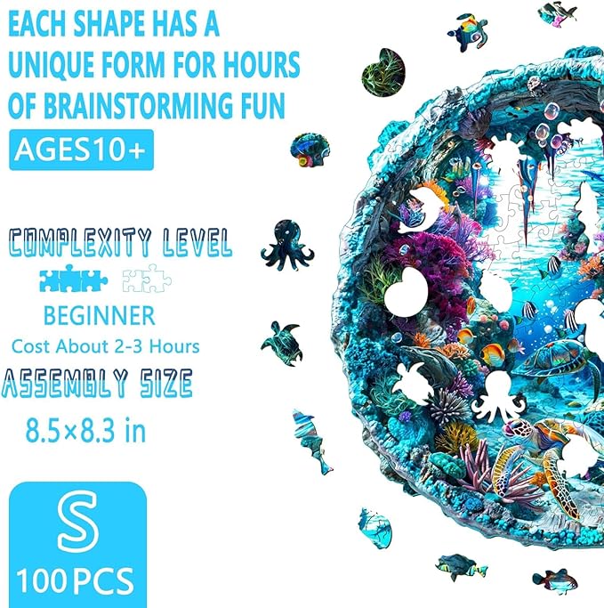 Wooden Puzzles for Adults, Flat Puzzle with 3D Visual Effect, Seabed Wooden Jigsaw Puzzles for Adults, Sea Turtle Wood Puzzles Adult, Unique Animal Shape, Wall Art Canvas Puzzle(S-8.5 * 8.3in-100pcs)